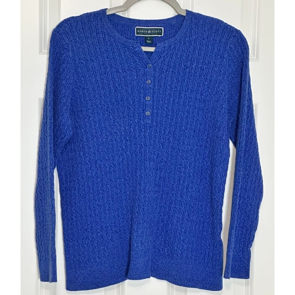 Karen Scott Cable Knit Henley Sweater L Blue 100% Cotton Classic Preppy Normcore
